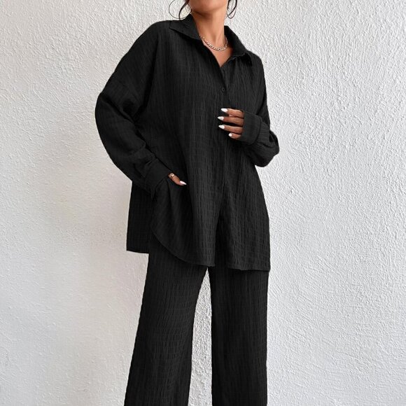 Black Casual Women's Solid Drop Shoulder Shirt & Wide Leg Pants - Picture 1 of 6